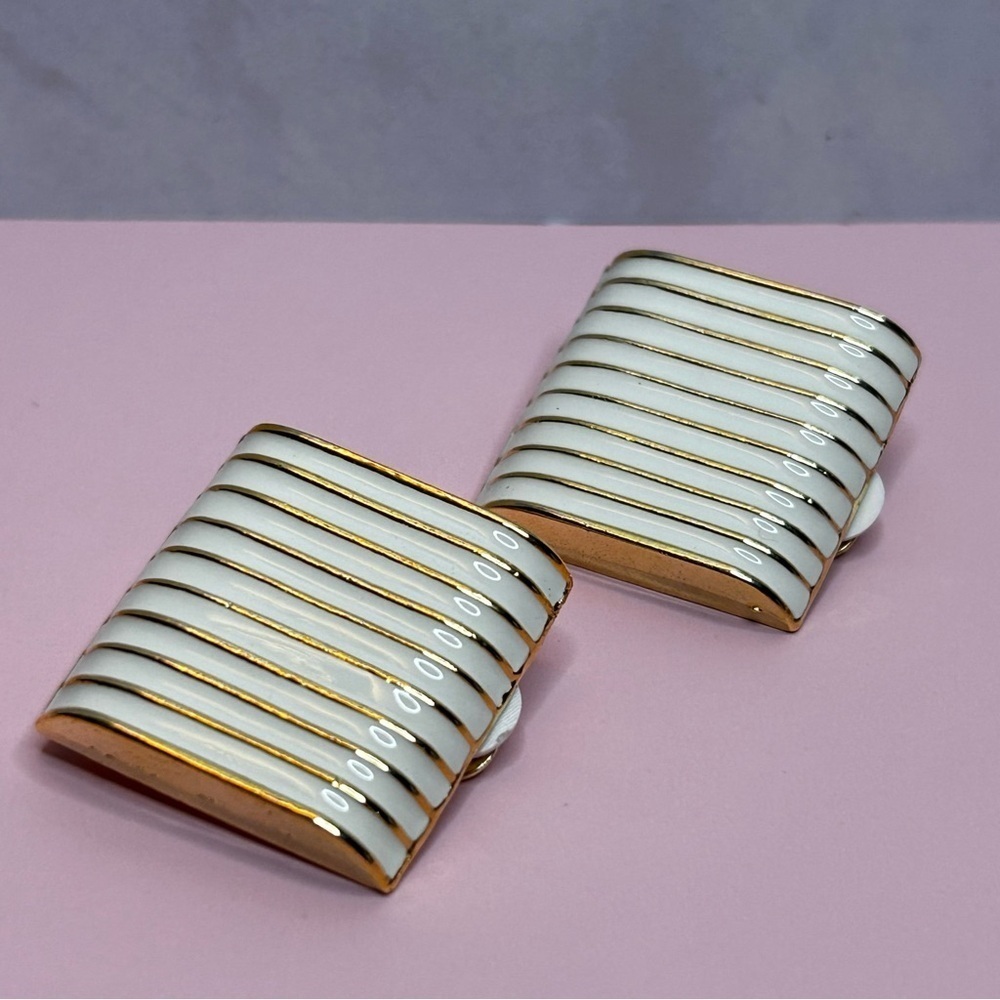 Vintage Gold Tone and White Clip On Earrings